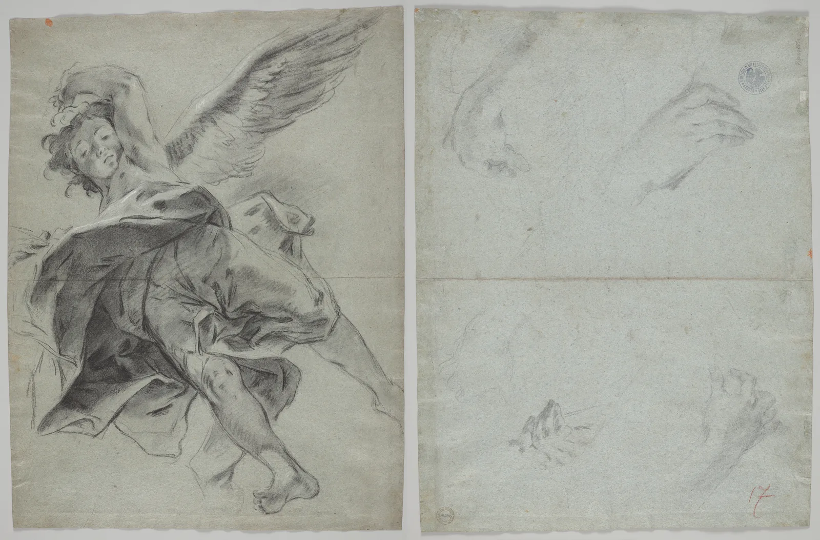 A Flying Angel (recto); Studies of Hands Playing Instruments (verso)