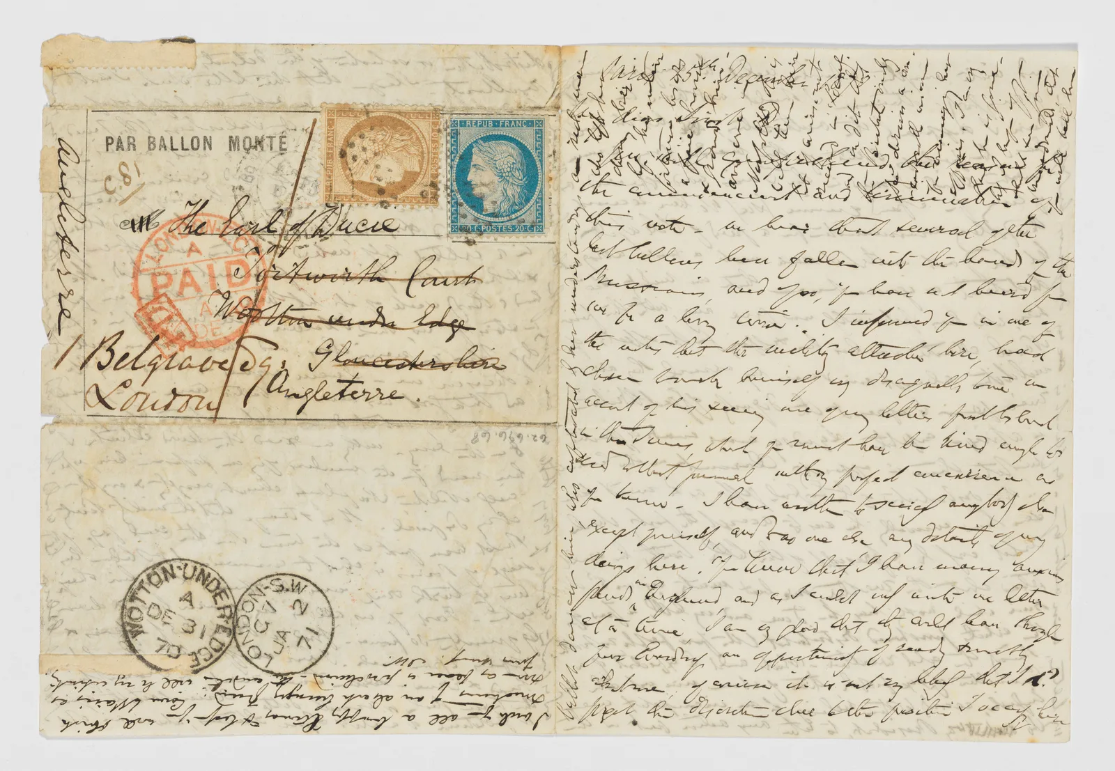 Letter sent "Par Ballon Monte" to the Earl of Ducie, from "I.W."