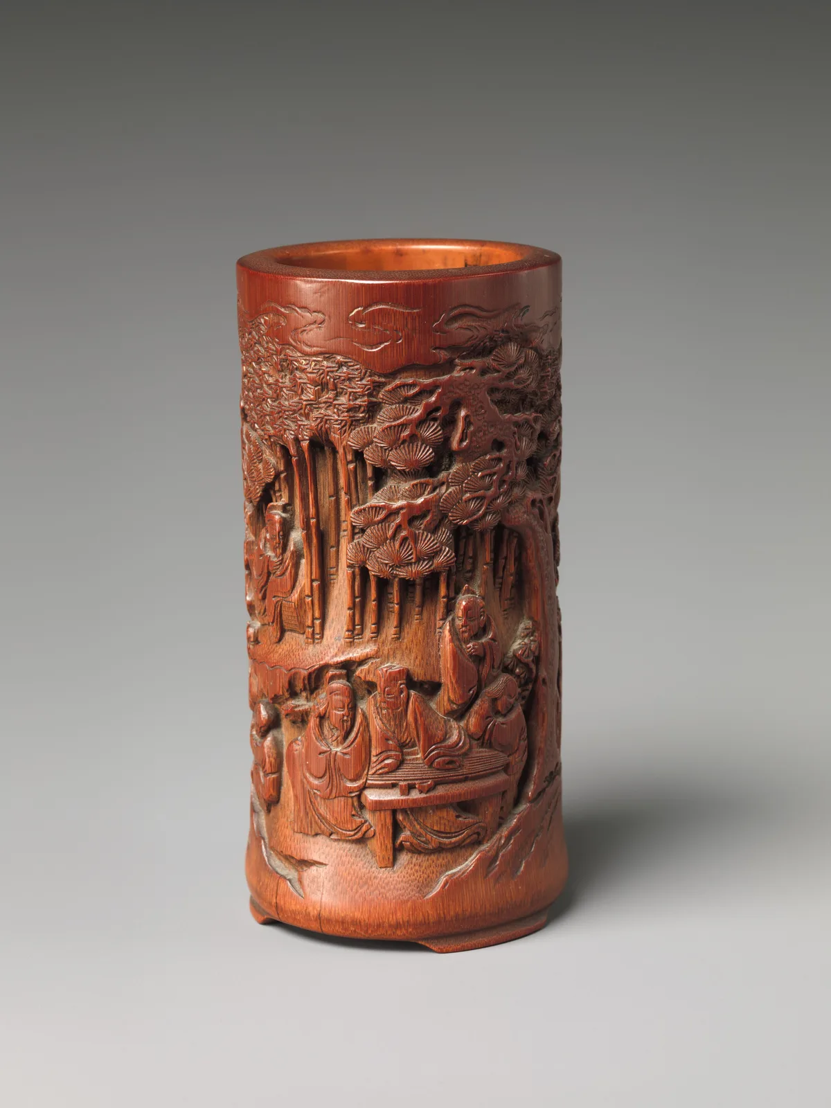 Brush holder with scholars in a garden