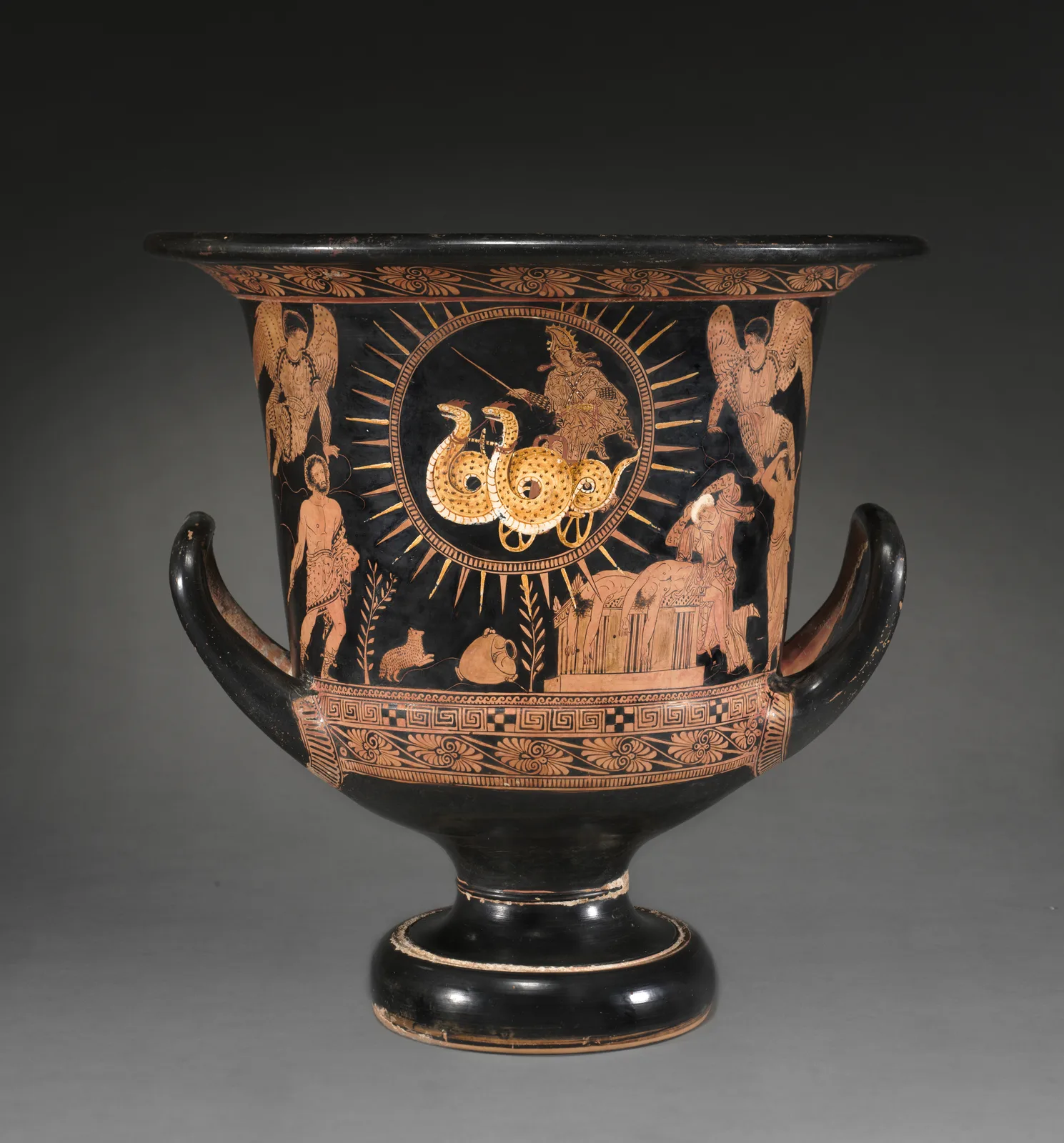 Red-Figure Calyx-Krater (Mixing Vessel): Medea in Chariot (A); Telephos with Baby Orestes (B)