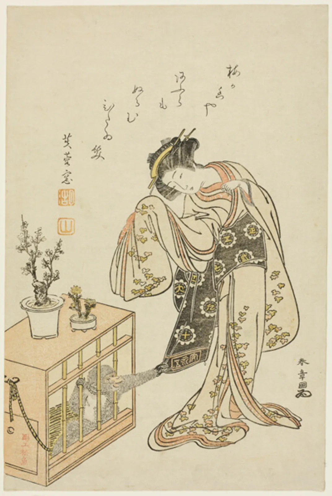 Young Woman with a Caged Monkey (Calendar Print for New Year 1776)