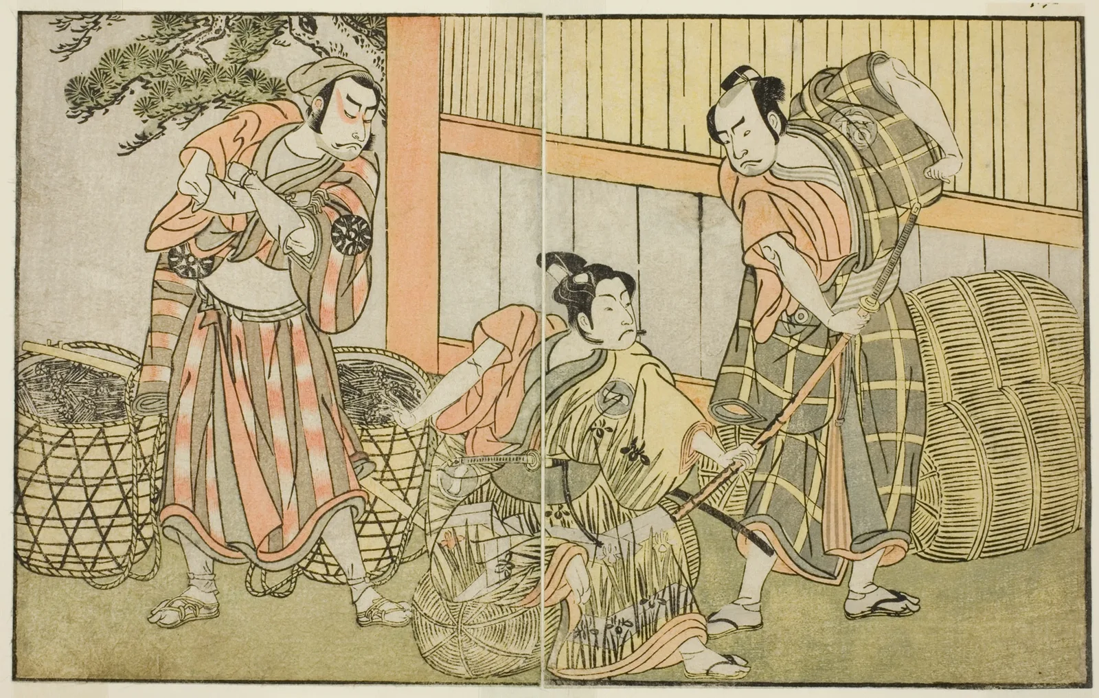 The Actors Kasaya Matakuro II as Hagun Taro (right), Ichikawa Monnosuke II as Izutsu no Suke Narihira (center), and Nakamura Nakazo I as Kose no Kanaoka Disguised as Sogoro the Charcoal Maker, in the Play Kuni no Hana Ono no Itsumoji, Performed at the Nakamura Theater in the Eleventh Month, 1771
